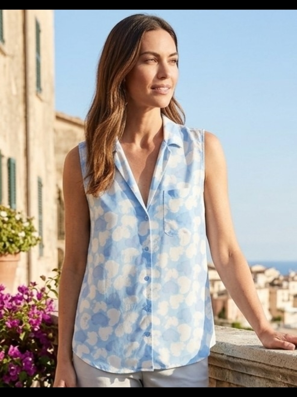 Equipment Light Blue and White Floral Sleeveless Silk Button-Up Camisole